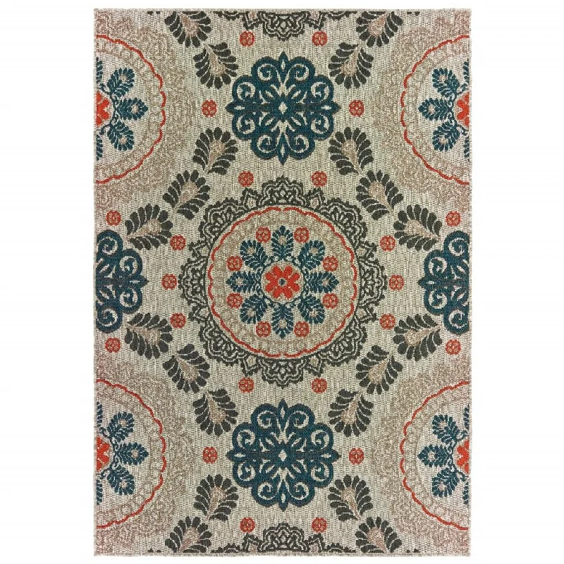 10' X 13' Damask Indoor / Outdoor Area Rug - Blue / Gray