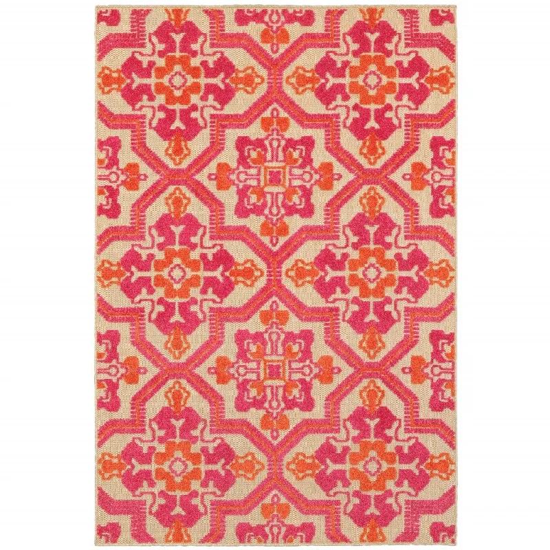 10' X 13' Moroccan Indoor / Outdoor Area Rug - Pink / Orange