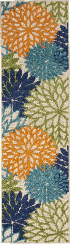 2' X 10' Floral Indoor / Outdoor Area Rug - Ivory / Blue