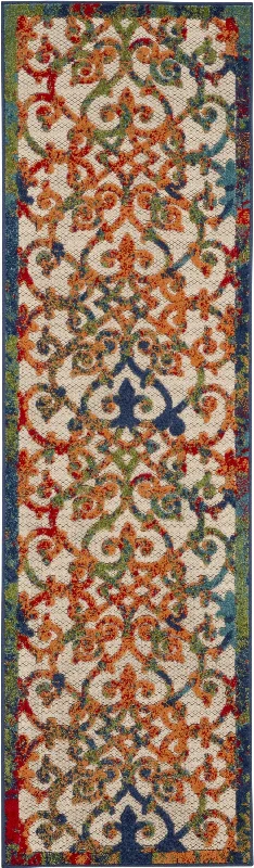 2' X 10' Floral Outdoor & Indoor Area Rug - Ivory / Blue