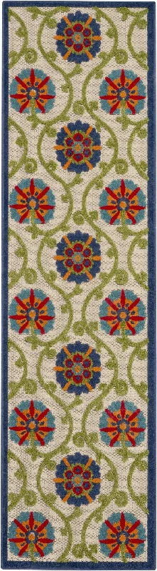 2' X 10' Floral Outdoor / Indoor Area Rug - Ivory / Blue