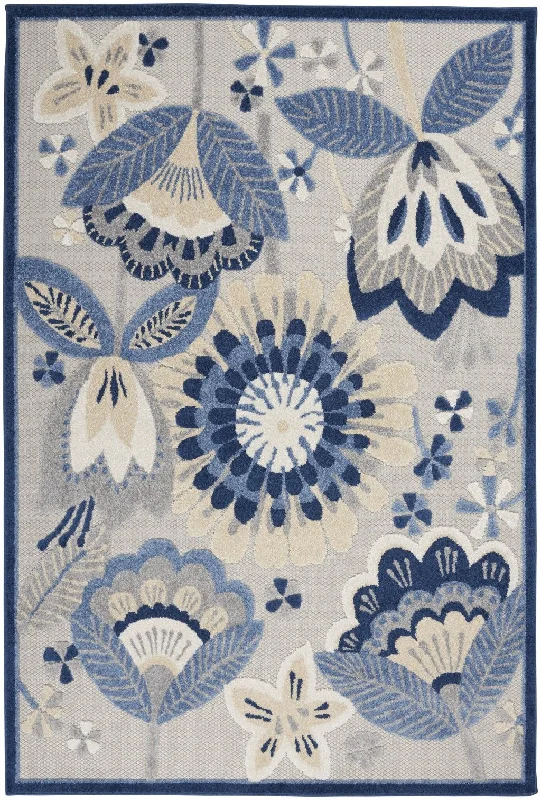 4' X 6' Floral Indoor & Outdoor Area Rug - Gray / Blue