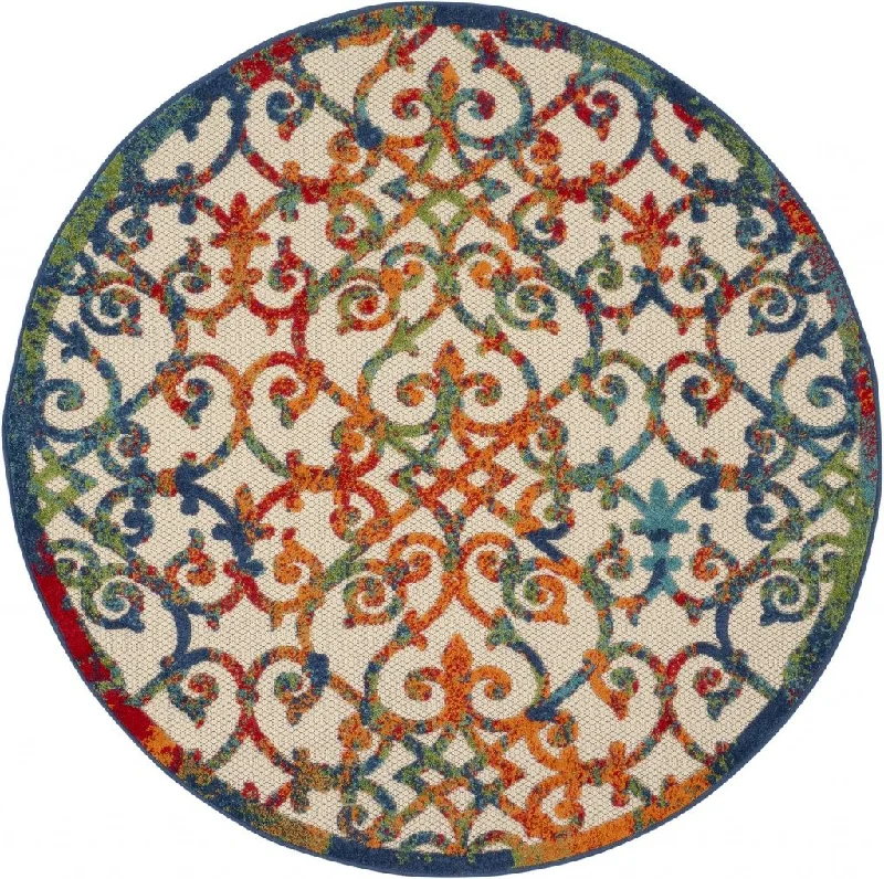 5' Round Round Floral Area Rug Indoor / Outdoor - Blue / Ivory