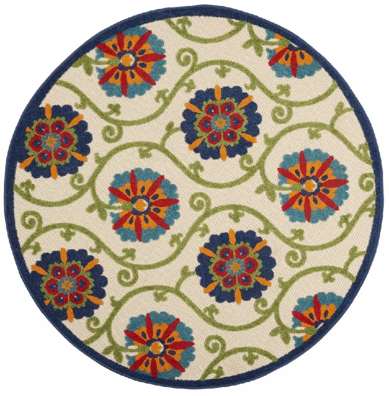 5' Round Round Floral Outdoor / Indoor Area Rug - Ivory / Blue