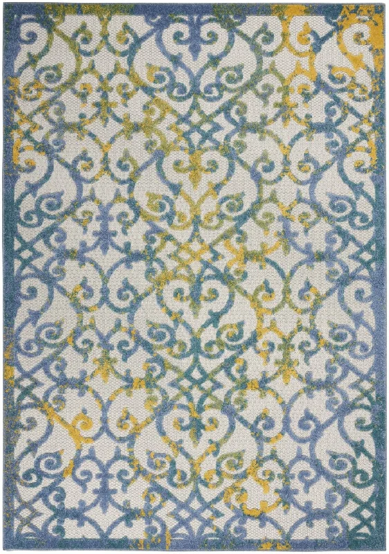 5' X 8' Floral Indoor / Outdoor Area Rug - Ivory / Blue