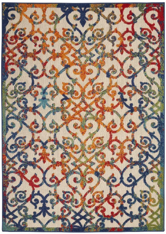 5' X 8' Floral Outdoor & Indoor Area Rug - Ivory / Blue