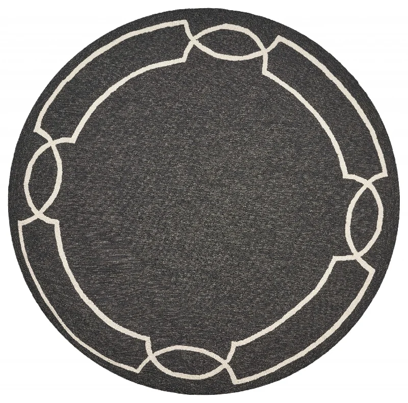 7' Hand Hooked UV Treated Bordered Round Indoor / Outdoor Area Rug - Onyx Black