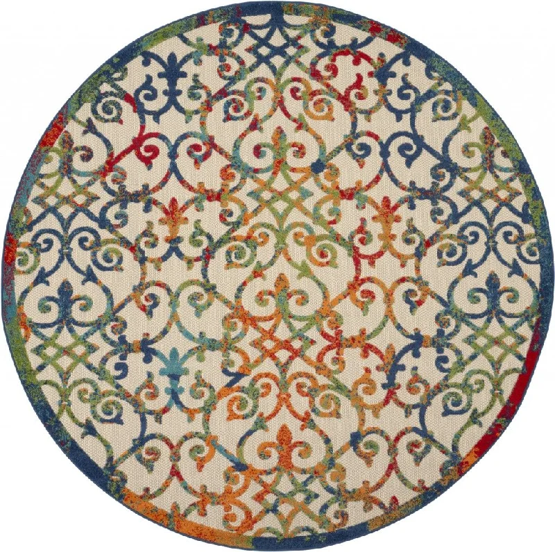 8' Round Round Floral Outdoor & Indoor Area Rug - Ivory / Blue