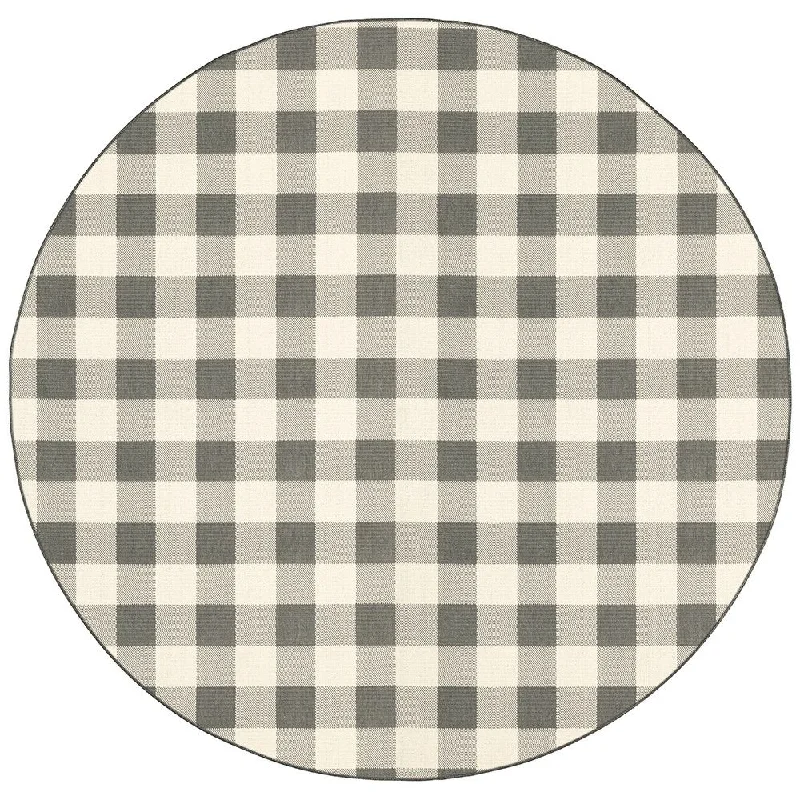 8' Round Round Gingham Stain Resistant Indoor / Outdoor Area Rug - Gray / Ivory