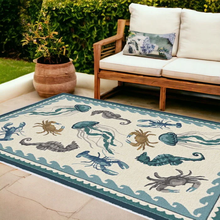 8' X 10' Hand Woven UV Treated Coastal Sea Life Indoor / Outdoor Area Rug - Ivory Teal