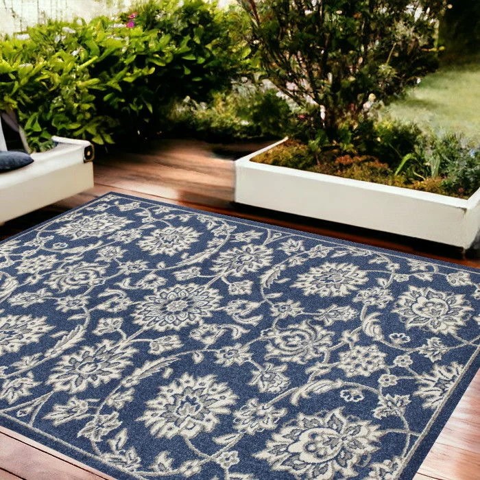 8' X 11' Floral Indoor / Outdoor Area Rug - Denim Blue