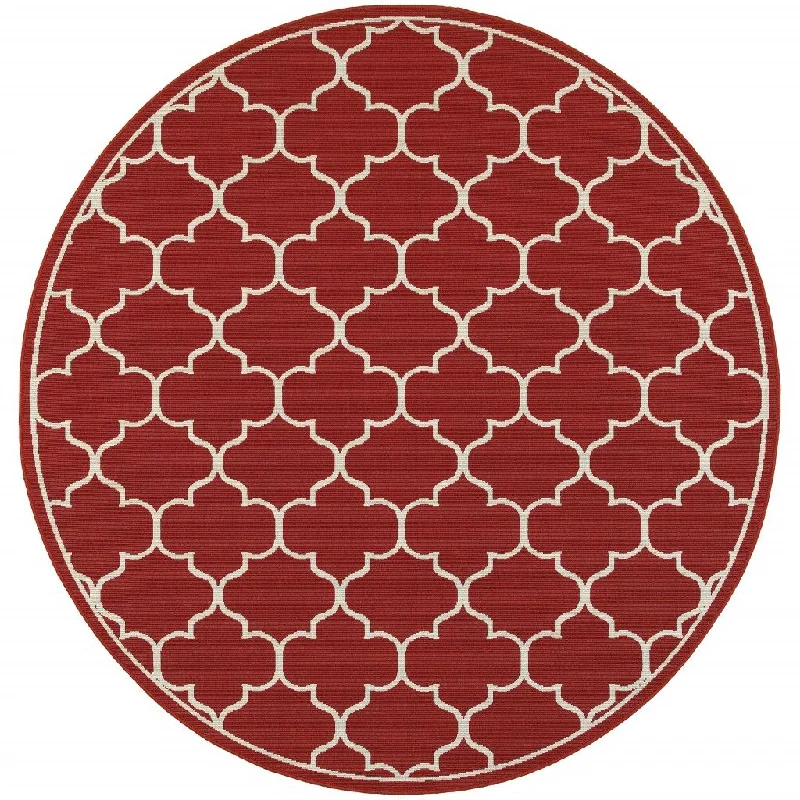 8' X 8' Round Indoor / Outdoor Area Rug - Red / Ivory