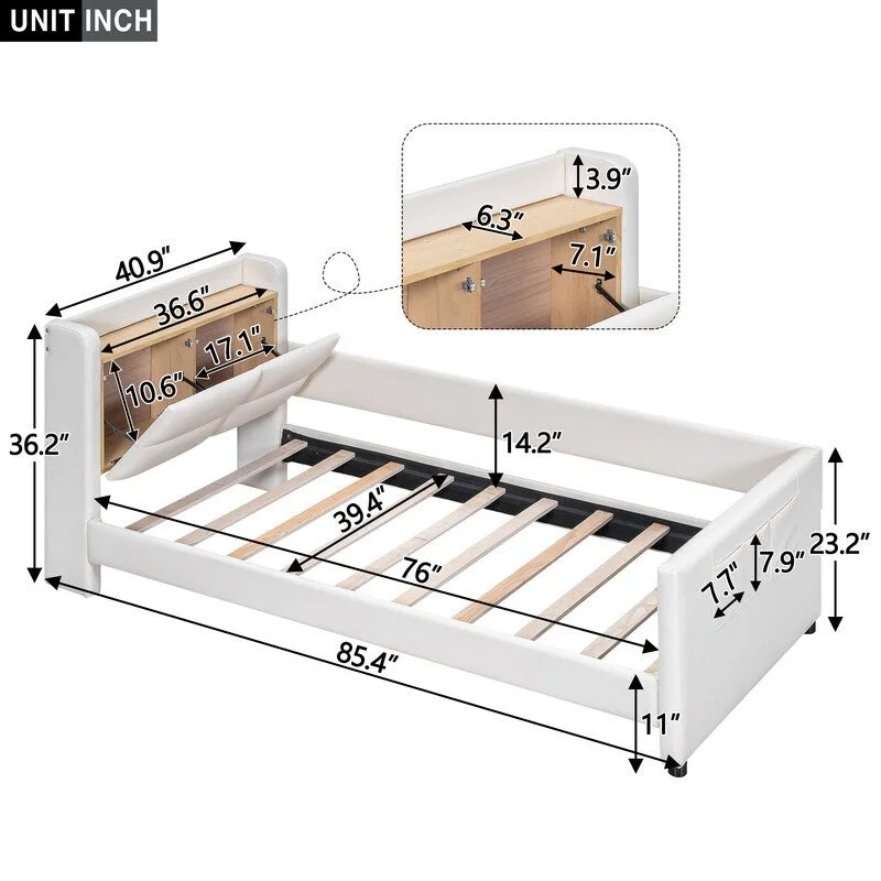 Beige Modern Upholstered Platform Bed with Guardrail, Storage Bed Frame with Headboard and Footboard