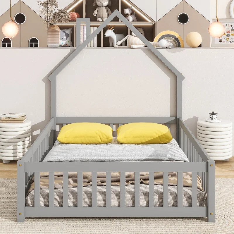 Full Size House-Shaped Headboard Floor Platform Bed With Fence