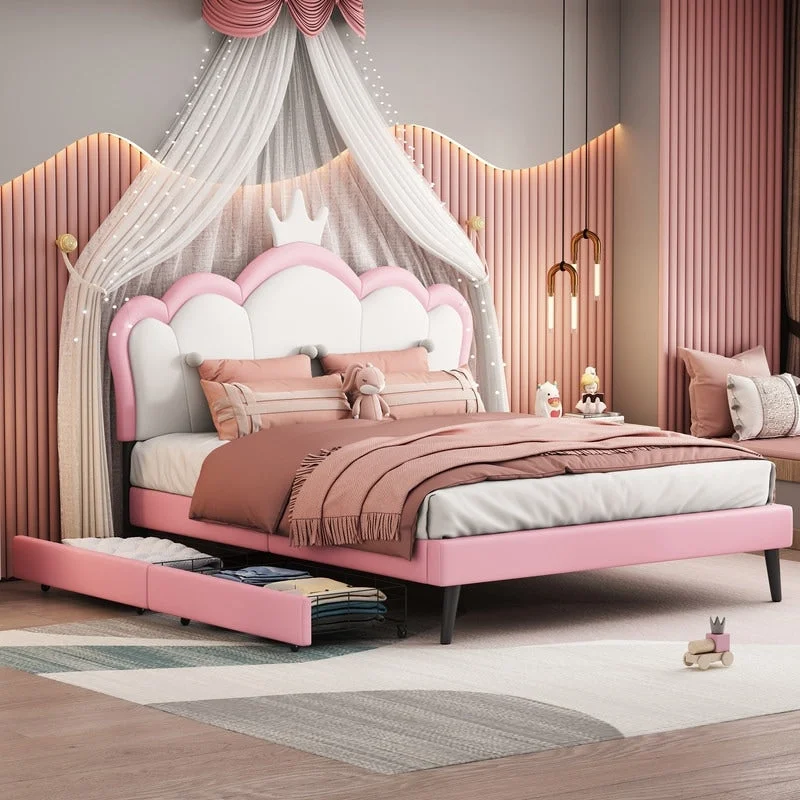 Full Size Princess Bed With Crown Headboard and 2 Drawers, Platform Bed with Headboard and Footboard, White+Pink