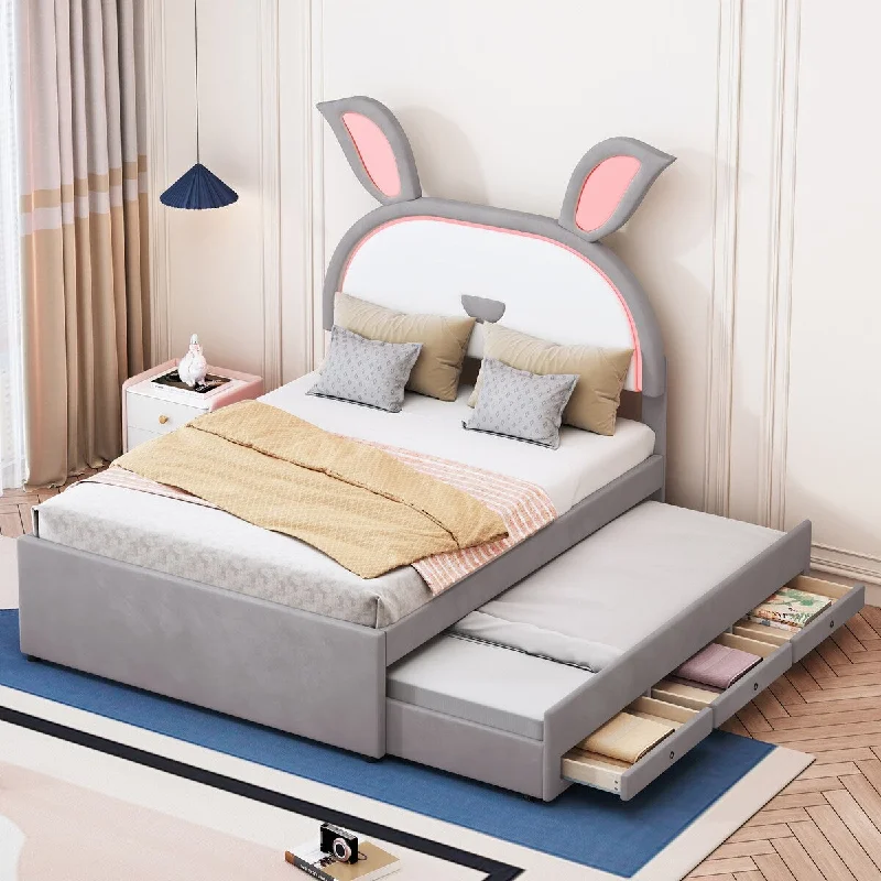 Full Size Upholstered Platform Bed with Trundle and 3 Drawers,Rabbit-Shaped Headboard with Embedded LED Lights