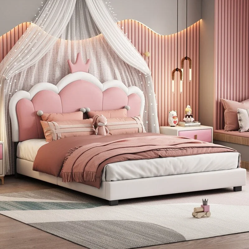 Full size Upholstered Platform Princess Bed With Crown Headboard and Footboard, Pink