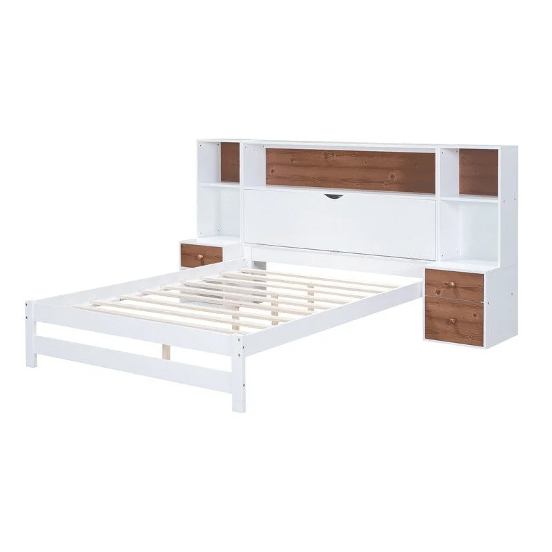 Full Size White Wood Platform Bed with Storage Headboard and Drawers For Bed Room