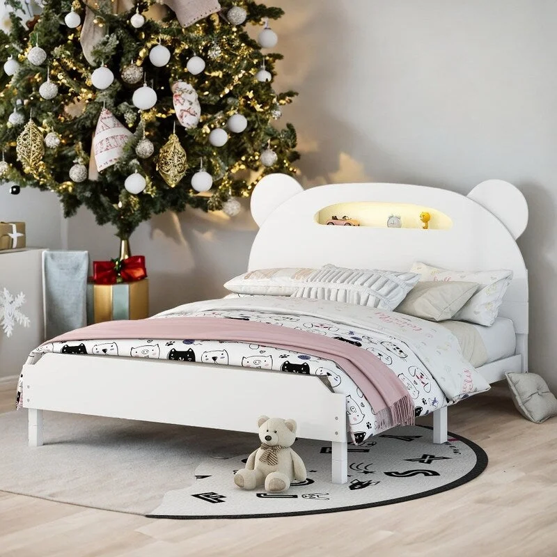 Full Size WhiteWood Platform Bed with Bear-shaped Headboard Bed with Motion Activated Night Lights