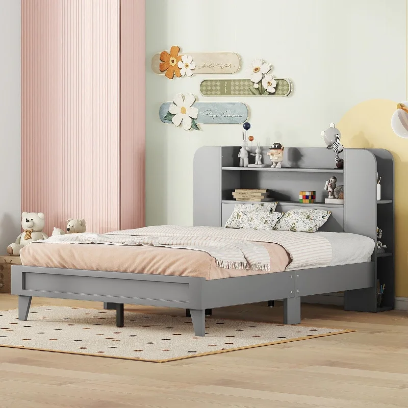 Grey Full Size Platform Bed w/ Storage Headboard & Multiple Storage Shelves