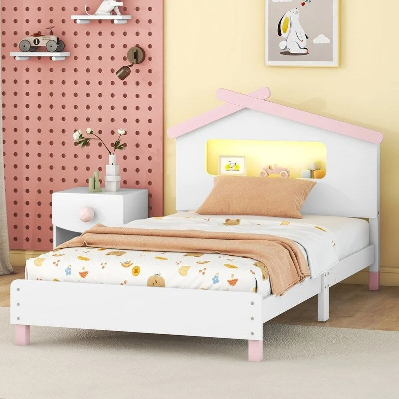 House-shaped Headboard Twin Size Wood Platform Bed with Motion Activated Night Lights, White+Pink