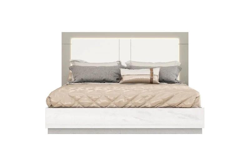 King High Gloss Bed Frame with LED Headboard - White / Taupe