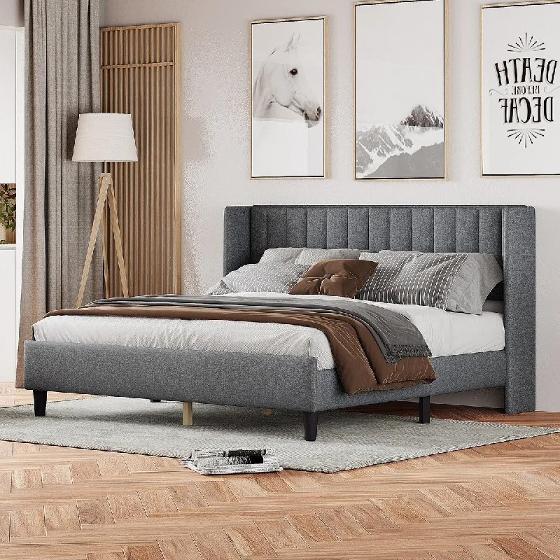 King Size Upholstered Platform Bed Frame with Headboard & Wood Slat Support, No Box Spring Needed, Easy Assemble, Light Gray