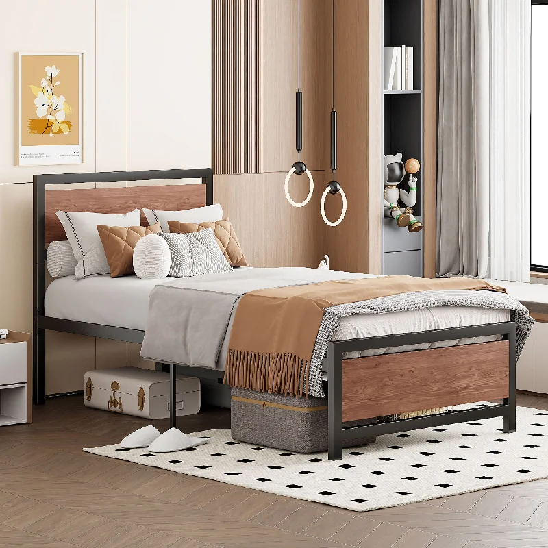 Platform Bed, Metal And Wood Bed Frame With Headboard And Footboard