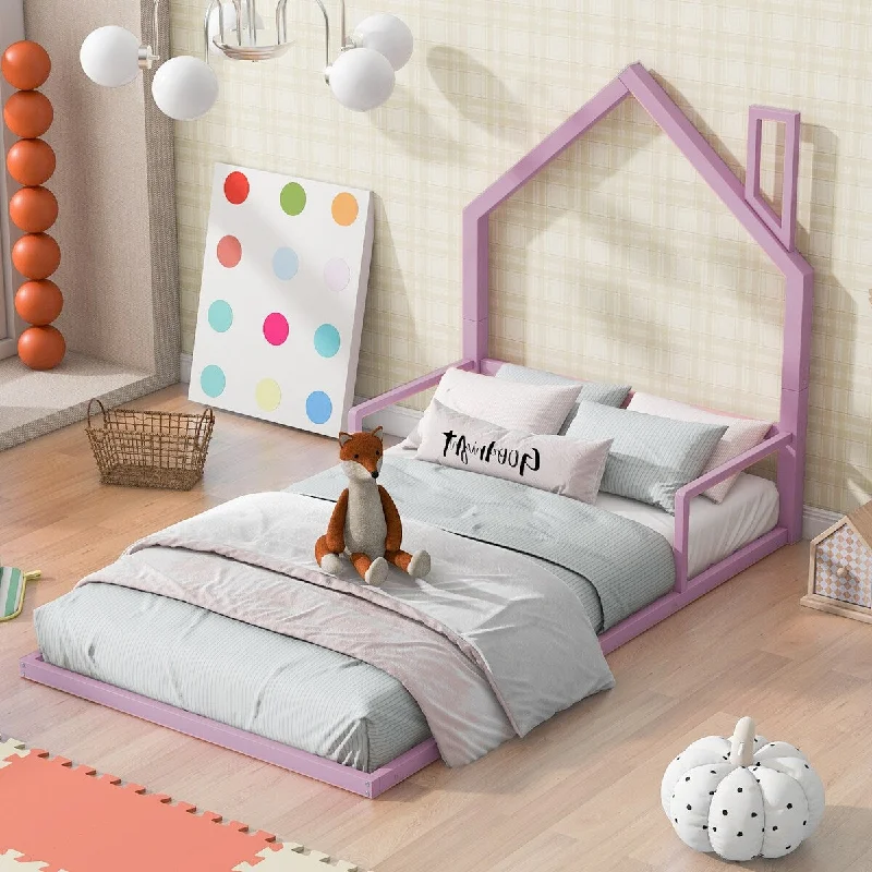 Playful Design Twin Size Metal Floor Bed Platform Bed with House-shaped Headboard and Sturdy Construction