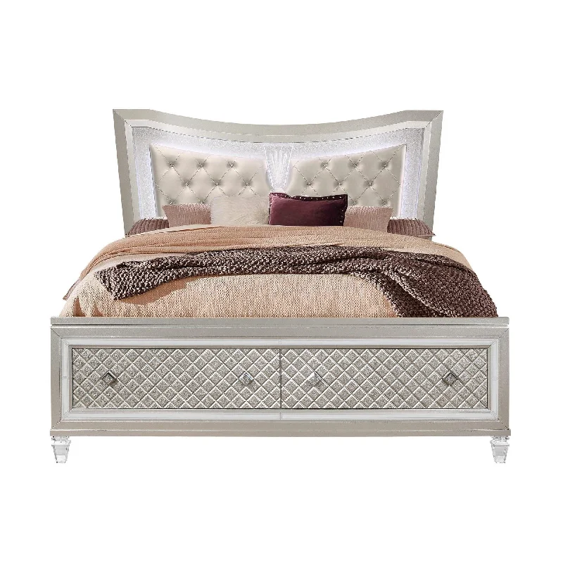 Queen Bed With Padded Headboard Led Lightning 2 Drawer - Champagne Tone