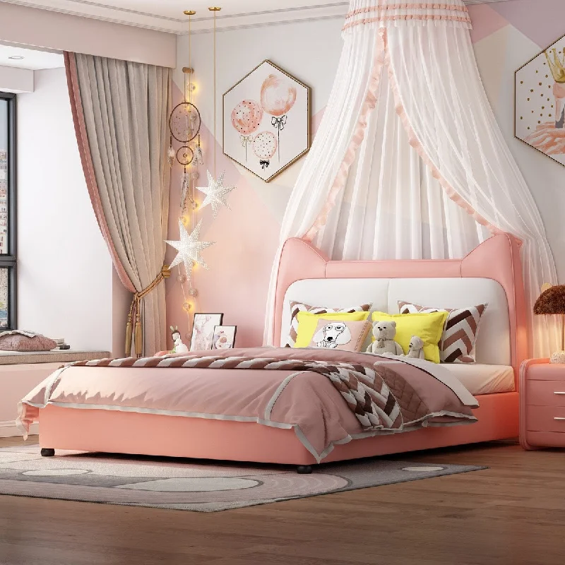 Queen/Full/Twin Cute Platform Frame Upholstered Bed with Rabbit Headboard PU Leather Platform Bed Frame