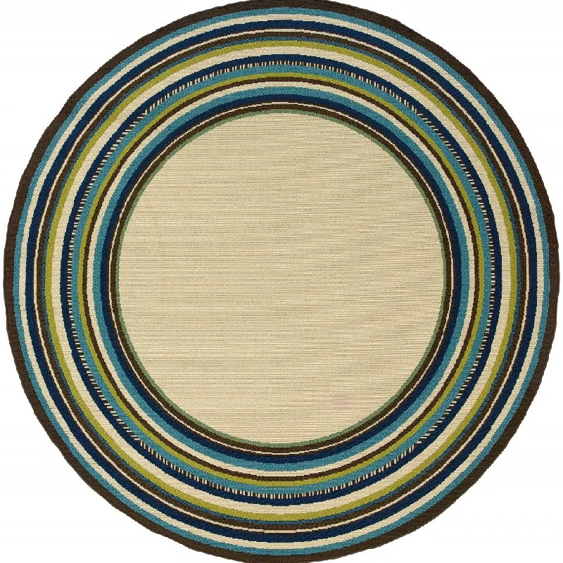 Round Striped Indoor / Outdoor Area Rug - Ivory / Blue