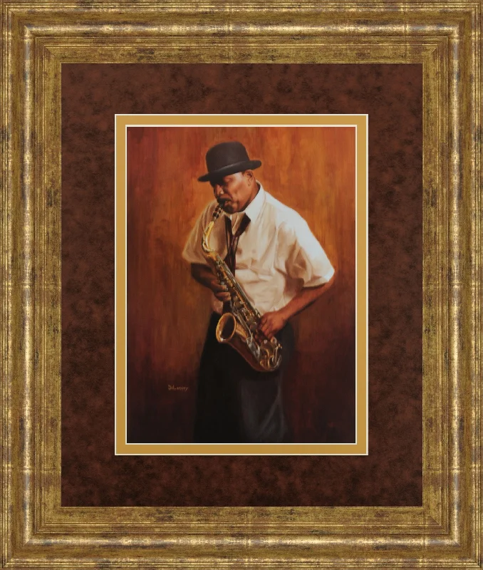 Sax Man By Delancy - Framed Print Wall Art - Orange