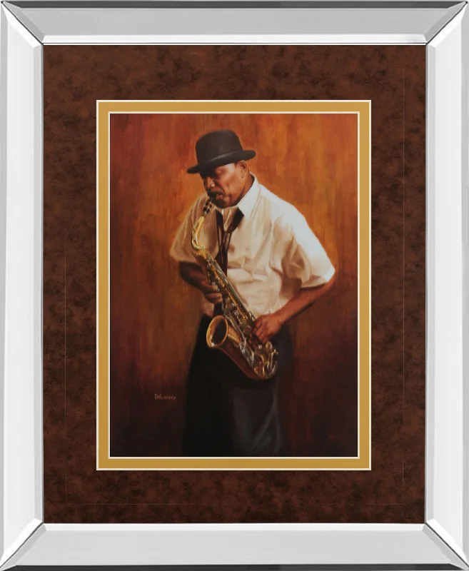 Sax Man By Delancy - Mirror Framed Print Wall Art - Orange