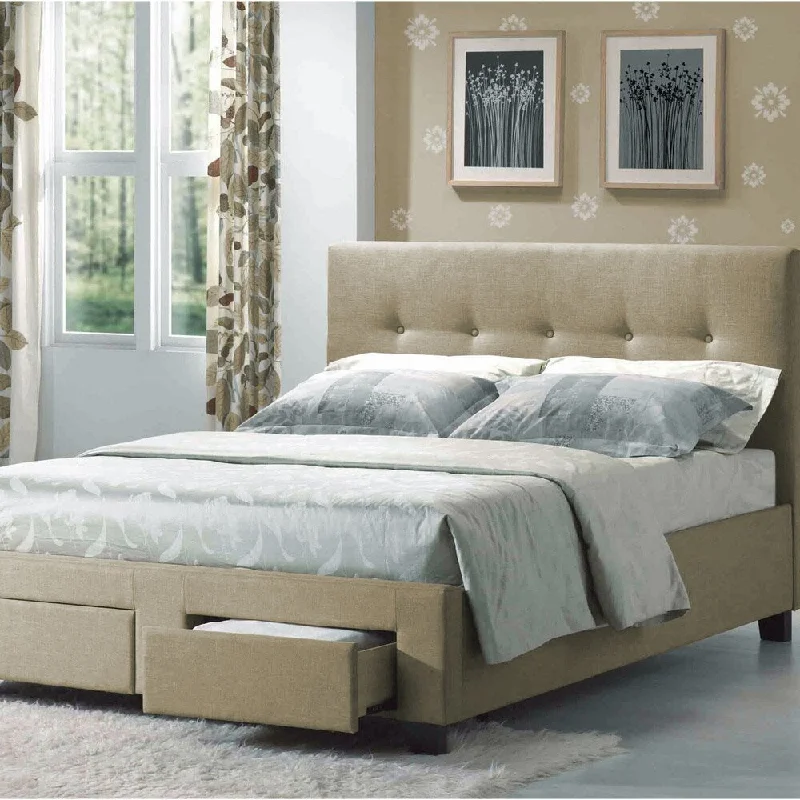 Sydney Beige Twin Upholstered Bed with Tufted Headboard And Hidden Storage