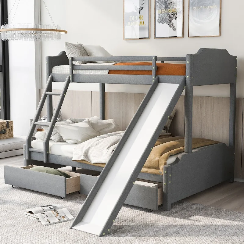 Twin over Full Size Upholstery Bunk Bed with Two Drawers and Slide,Convertible Slide and Ladder, Headboard and Footboard,Grey