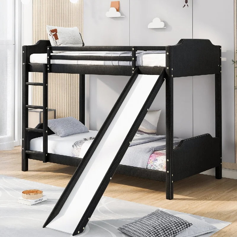 Twin over Twin Size Upholstery Bunk Bed with Convertible Slide and Ladder,Headboard and Footboard,Black