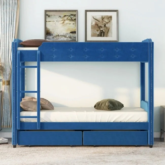 Twin over Twin Upholstered Bunk Bed with Two Drawers, Button-Tufted Headboard and Footboard Design, Blue