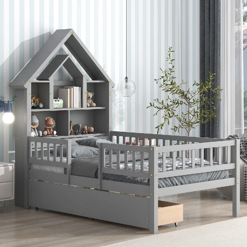 Twin Size House-Shaped Headboard Bed with Fence Guardrails and Drawers