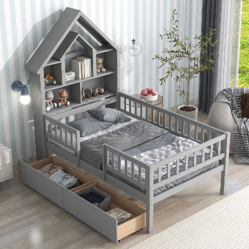 Twin Size House-Shaped Headboard Bed with Fence Guardrails and Drawers