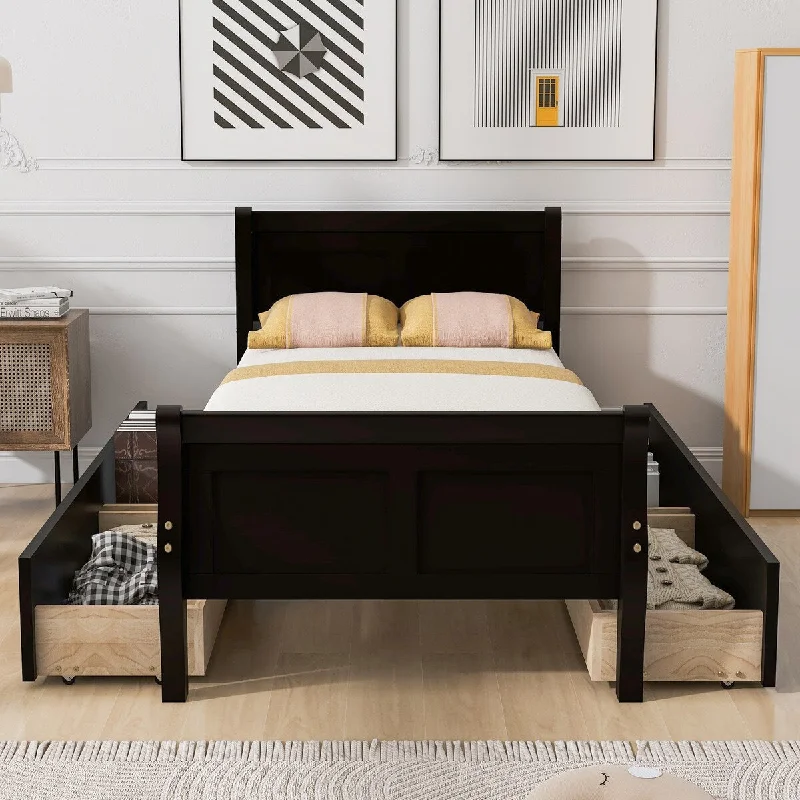 Twin Size Wood Platform Bed with 4 Drawers and Streamlined Headboard & Footboard Storage Bed Frame for Kids, Teens, Espresso