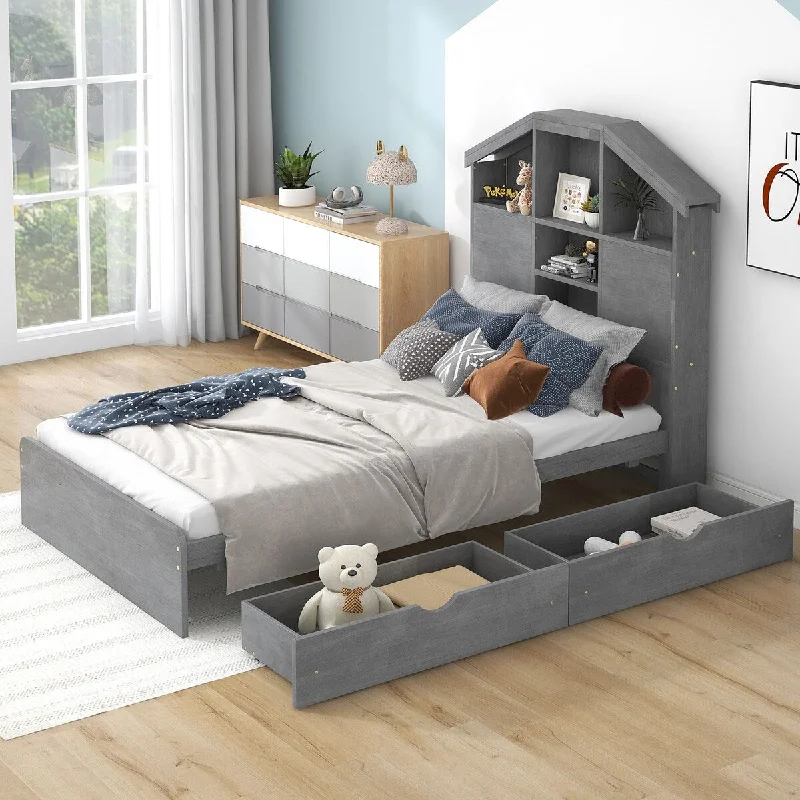 Twin Size Wood Platform Bed With House-shaped Storage Headboard And 2 Drawers,Kids Bedroom Sets