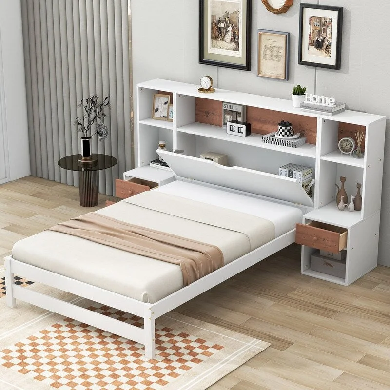 Twin Size Wood White Platform Bed with Storage Headboard and Drawers