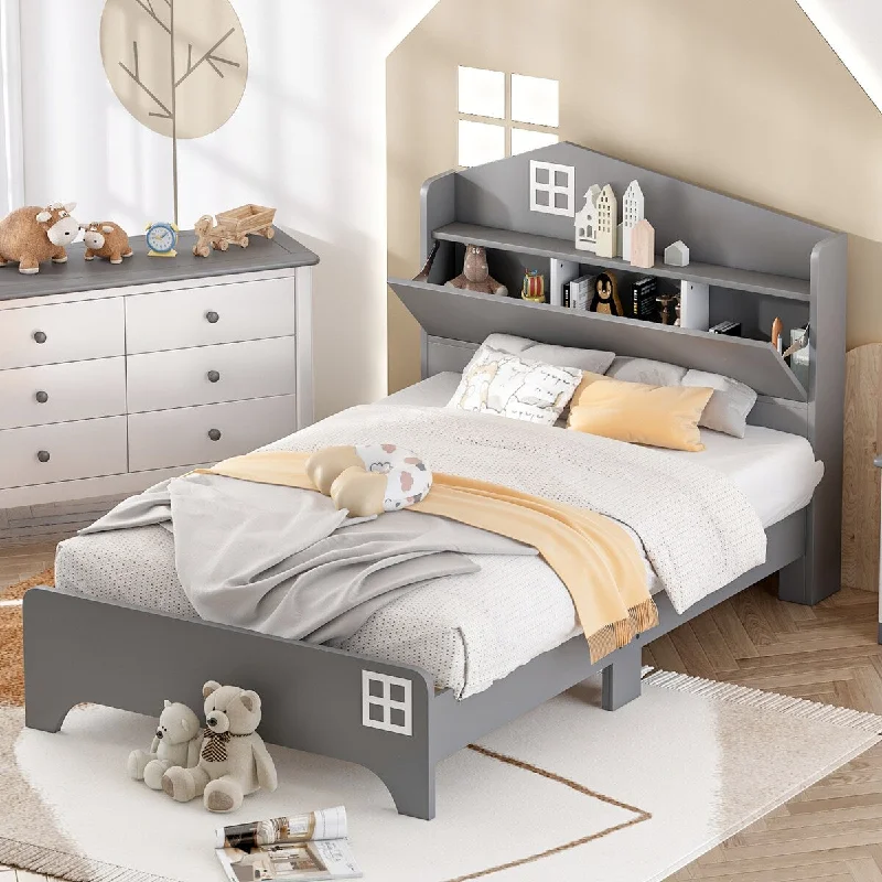 Twin Size Wooden House Bed Kids Bed with Storage Headboard with Storage Shelf,Solid Construction