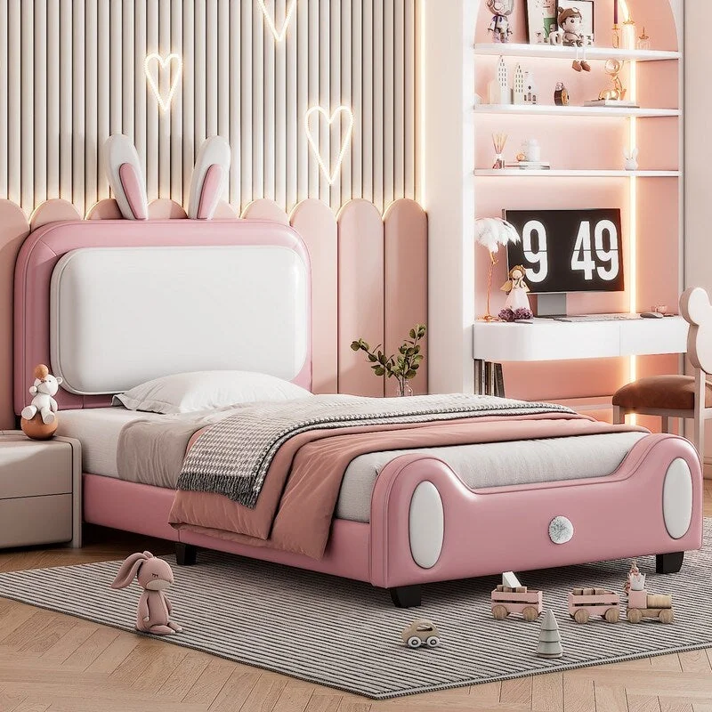 Upholstered Rabbit-Shape Princess Platform Bed with Headboard and Footboard