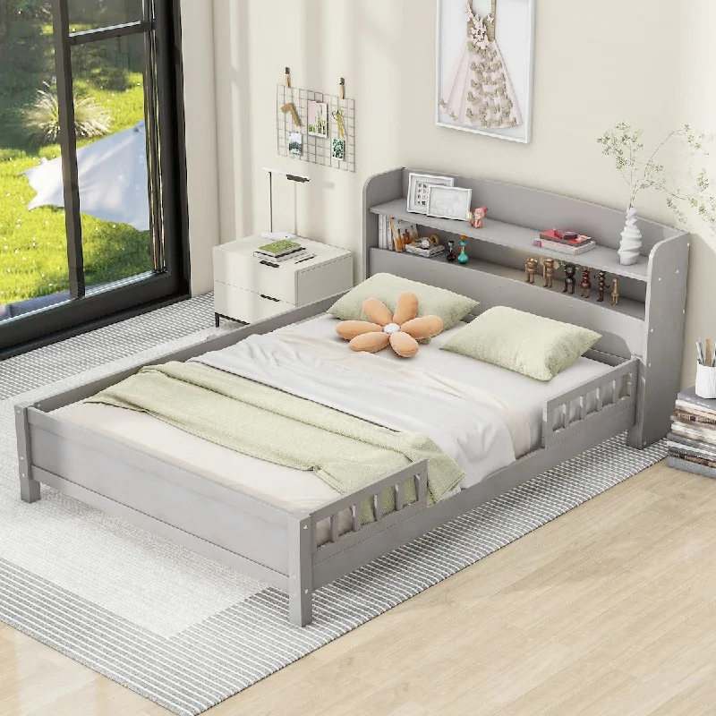 Wood Full Size Platform Bed with Built-in LED Light, Storage Headboard and Guardrail