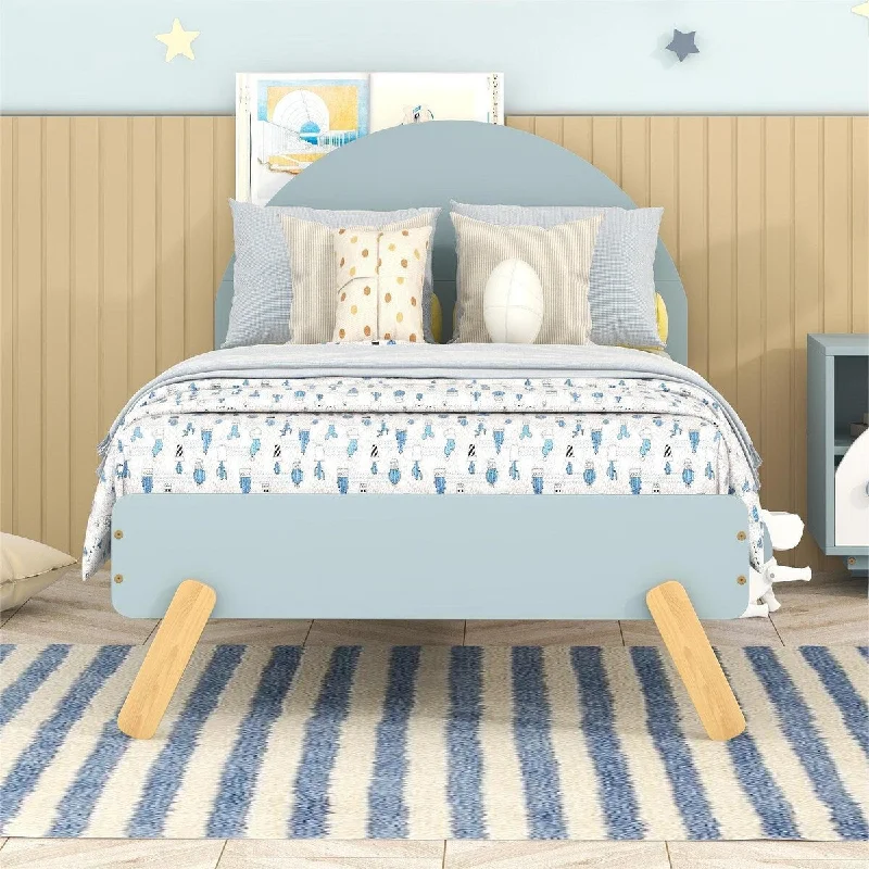 Wood Platform Bed With Shelf Behind Curved Headboard for Kids